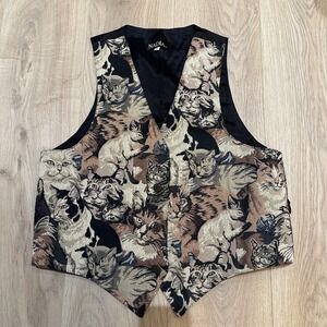 Vintage 90's Y2K Tapestry Vest Cats Coquette Cottage Grandma  USA Made. Sz Large